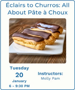 Plate of chocolate eclairs with text promoting a pâte à choux baking class on January 20, from 6 to 9:30 PM, instructed by Molly Pam.