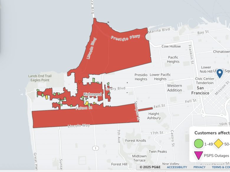 Map showing parts of San Francisco's Presidio and Richmond neighborhoods highlighted in red, indicating areas affected by a power outage. Green and yellow dots show customer impact.