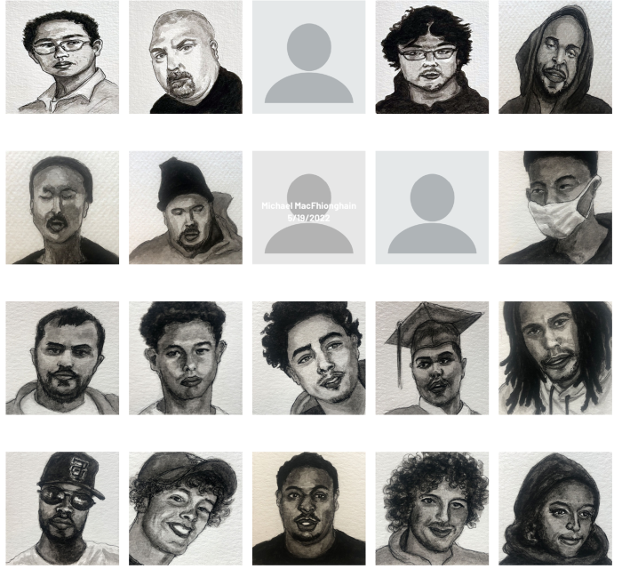 A grid of 19 portrait illustrations, featuring a mix of favorite faces shaded in grayscale and color, interspersed with three grey, generic silhouette avatars.