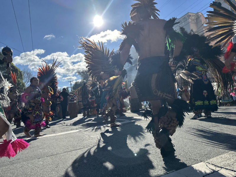People in traditional Aztec attire, including a striking el tigre costume, perform a cultural dance outdoors under a sunny sky, with shadows cast on the pavement.