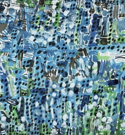 Abstract painting with overlapping blue, green, black, and white brushstrokes and dots creating a textured, layered pattern.