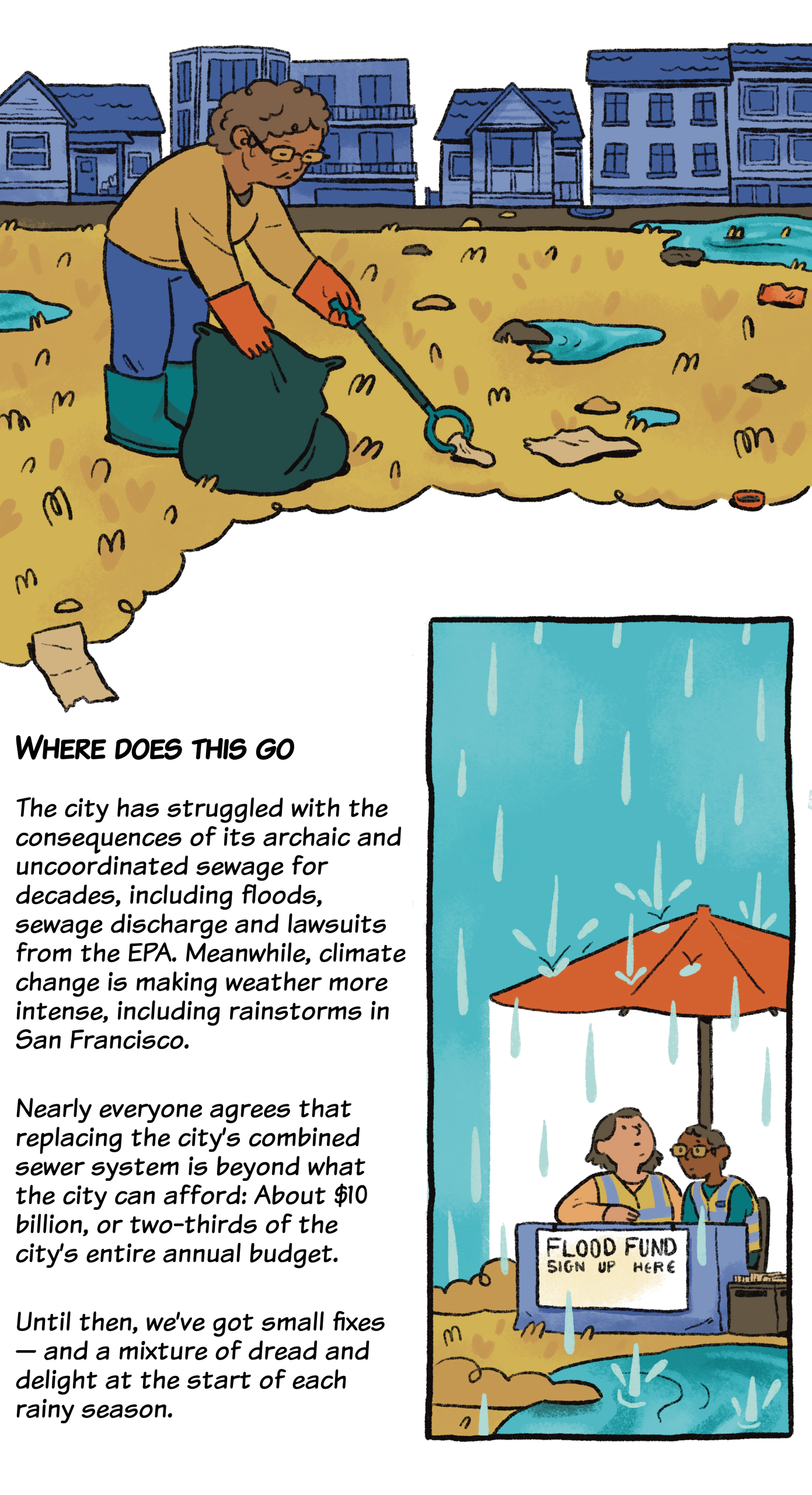 A person collects trash in a flooded urban area, while two people sit at a "Flood Fund" booth under heavy rain. Background text discusses city sewage and flooding issues.