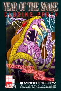 Poster for "Year of the Snake Closing Party" at 111 Minna Gallery, San Francisco, featuring a stylized illustration of a snake with fangs bared. Event date: January 6, 2023.