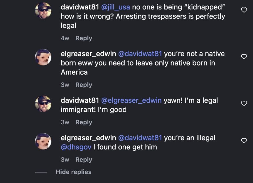 A screenshot of a social media comment thread where two users argue about immigration status and legality in the U.S.