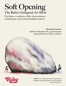 Poster for "Soft Opening: The Ruby's Inaugural Art Show" featuring a large rock with three small, seated figures and event details for the opening reception on December 6th.