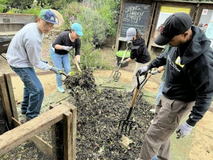 Four people use pitchforks to turn compost in an outdoor community garden, with a chalkboard and plants visible in the background.