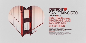 Event poster with a heart-shaped cutout showing the Golden Gate Bridge and text listing a Detroit to San Francisco event with artists and date January 23, 2014.