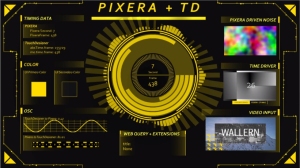 A digital interface displays data visualizations, including graphs, timing data, color and video input, with the heading "PIXERA + TD" in yellow and black tones.