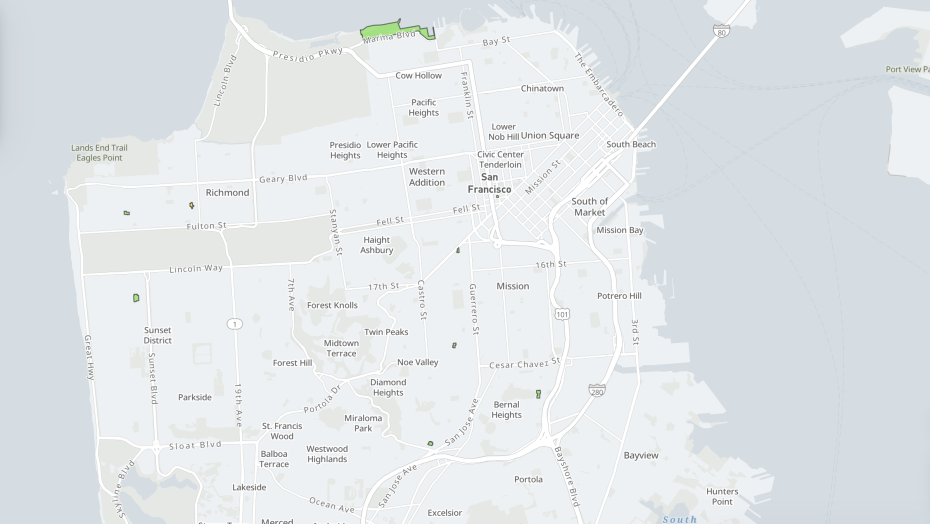 Map of San Francisco showing neighborhoods such as Richmond, Sunset, Haight Ashbury, Mission, and Chinatown, with major roads and parks labeled.