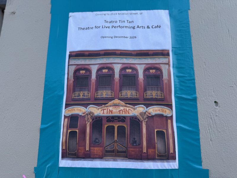 Poster taped to a wall shows an illustration of Teatro Tin Tan, announcing the opening of a live performing arts café in San Francisco, targeted for December 2026.