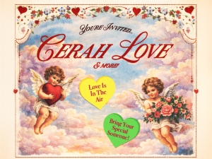 Invitation card with two cherubs, one holding a heart and the other holding flowers, surrounded by clouds and text promoting a romantic-themed event.