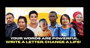 Seven people of diverse backgrounds stand in front of a yellow background with the text: "Your words are powerful. Write a letter, change a life!.