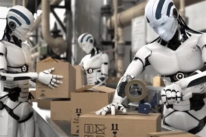 Three humanoid robots pack cardboard boxes on an assembly line in an industrial setting.