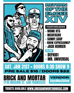 Event poster for "Return of the Emcee XIV" featuring illustrated performers, event details, and ticket info for a hip hop show at Brick and Mortar in San Francisco.