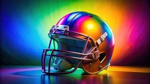 A football helmet with a shiny, rainbow-colored finish is displayed against a vibrant, multicolored background.