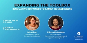 Event flyer for "Expanding the Toolbox: Innovative Responses to Family Homelessness" on Feb. 10 at Manny's, featuring Erica Kisch and Shireen McSpadden as speakers.