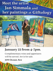 A woman stands outdoors beside two colorful abstract paintings on display; text details an art event featuring Jan Simmala at Giftology on January 22, 4–7 pm, with wine, appetizers, and art for sale.