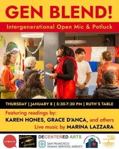 People of different ages socialize and listen to music at an indoor event. Text promotes "Gen Blend! Intergenerational Open Mic & Potluck" with event details and featured performers.