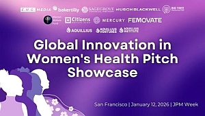 Purple event banner with silhouettes of women and text: "Global Innovation in Women's Health Pitch Showcase, San Francisco, January 12, 2026 | JPM Week.