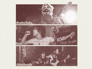 Three sepia-toned panels show musicians performing on stage, labeled Braden Bales, Ezra, and Afterthought, each playing instruments or singing into microphones.