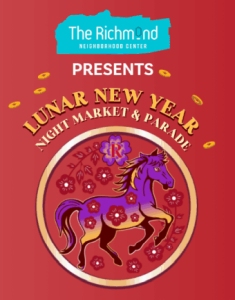 A promotional graphic for Lunar New Year Night Market & Parade by The Richmond Neighborhood Center, featuring a stylized horse with floral patterns on a red background.