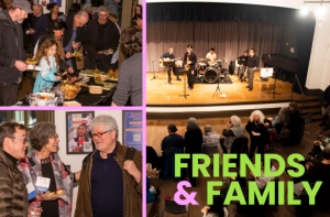 A collage shows people socializing and eating, a band performing on stage, and a group audience, with the words "FRIENDS & FAMILY" in bold letters.