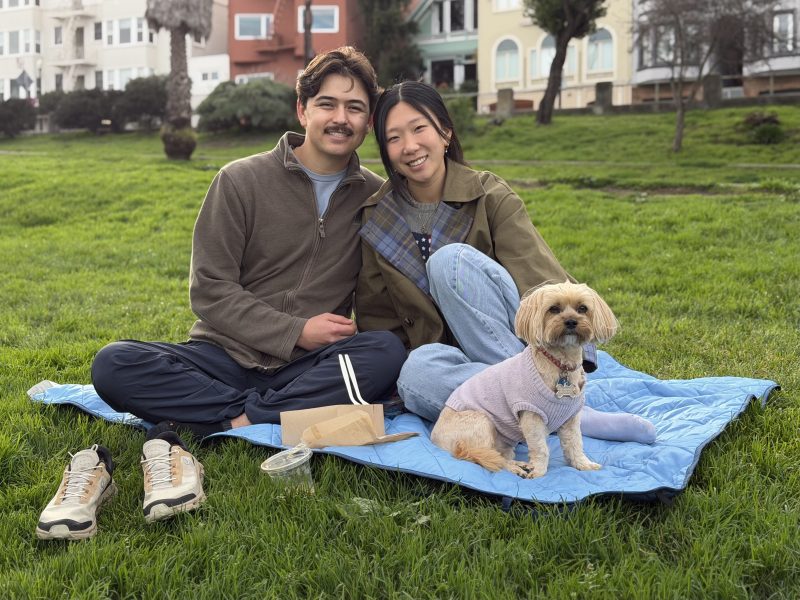 Two people sit closely on a blue blanket in a grassy park with takeout food, while a small dog in a purple sweater sits in front of them. Houses are visible in the background.