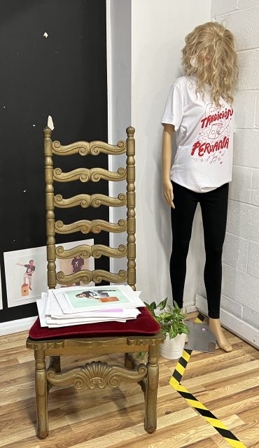 A mannequin in a t-shirt stands beside a mirror and an ornate chair with stacked papers on it; photos and potted plants are displayed along the walls and floor.
