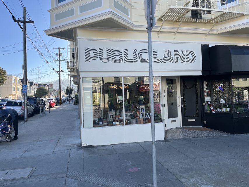 Street view of a corner storefront with a sign reading "PUBLIC LAND" and window displays, next to a black awning and various parked cars along the sidewalk.