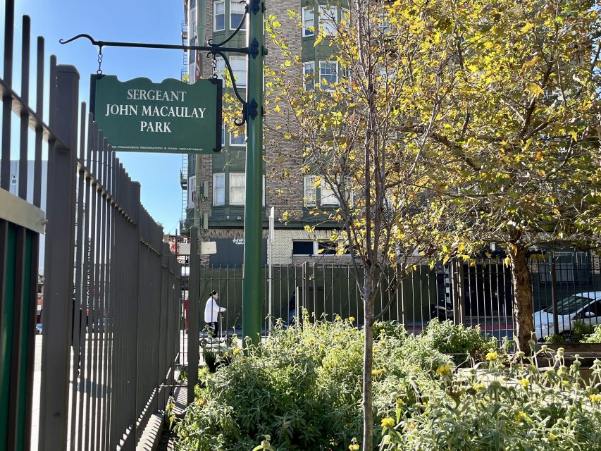 Green sign reading "Sergeant John Macaulay Park" hangs on a pole beside a fenced urban park with shrubs, a tree, and a building in the background.