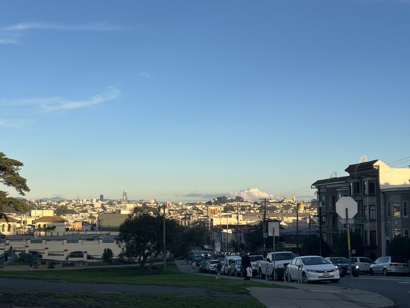 A cityscape view from a park shows parked cars, residential buildings, and a clear blue sky with some distant clouds and city structures.