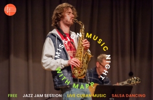 A musician plays the saxophone on stage while another person plays keyboard in the background. The text promotes a free jazz jam session, live Cuban music, and salsa dancing.