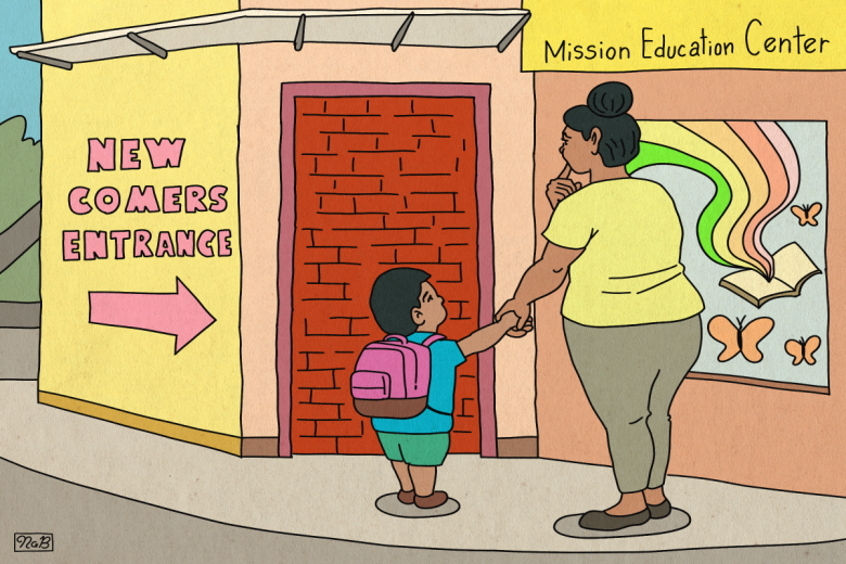 A woman holds a child's hand outside a building labeled "Mission Education Center" with a sign for "Newcomers Entrance" and a wall mural featuring butterflies and a rainbow.