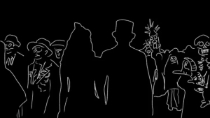 A group of people dressed in skeleton and costume attire stand in the dark, with two central figures in the foreground seen from behind.