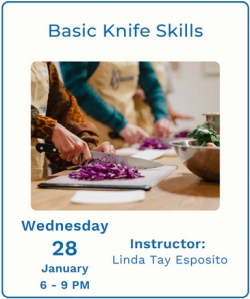 A person chops red cabbage on a cutting board during a Basic Knife Skills class. Text notes class details: Wednesday, January 28, 6-9 PM, instructor Linda Tay Esposito.