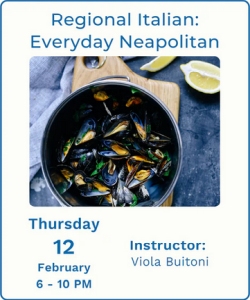 A pot of cooked mussels with herbs on a wooden board, lemon wedges beside it; text details an Italian cooking class on February 12, 6–10 PM, with instructor Viola Buitoni.