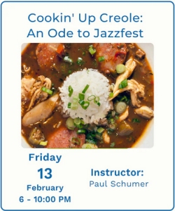 A bowl of Creole gumbo with sausage, chicken, and rice is shown above event details for a Creole cooking class titled "Cookin' Up Creole: An Ode to Jazzfest" on February 13.