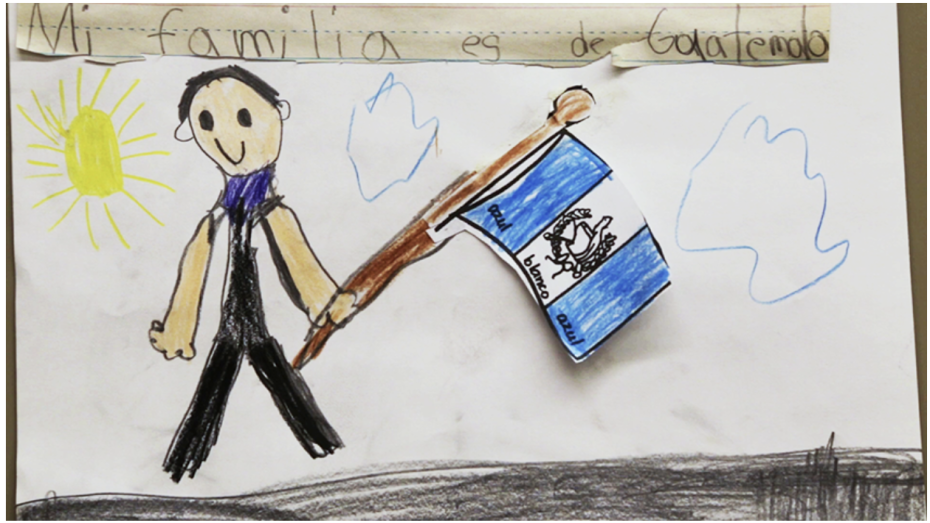 A child’s drawing of a person holding a Guatemalan flag, with a sun, clouds, and the text “Mi familia es de Guatemala” written at the top.