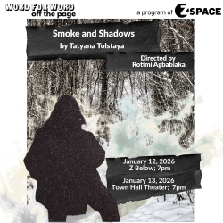 A promotional poster for "Smoke and Shadows" by Tatyana Tolstaya, showing a dark silhouette against a wintry woodland background with event details and logos at the top.
