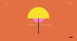 A minimalist graphic features a yellow semicircle atop a pink semicircle with a vertical blue line on an orange background, with small text and the number 500 in the lower right corner.