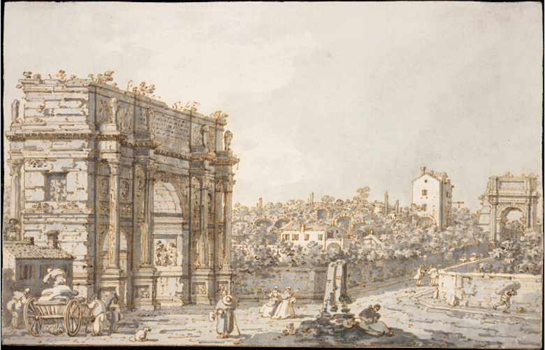 Ink and wash drawing of an ancient Roman arch with people and a cart in the foreground, ruins and buildings behind—much like artwork displayed in museums—set beneath a clear sky.