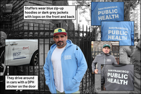 Man in a blue "San Francisco Public Health" hoodie, part of the SF Street Team, stands outdoors; additional images show branded hoodies, a jacket, and a car with a DPH sticker. Informational labels describe staff uniforms and vehicles.