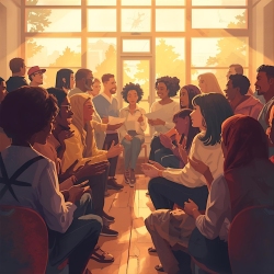 A diverse group of people sit in a sunlit room, arranged in a circle, engaged in a lively and friendly discussion.