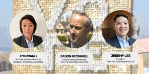 Three individuals—Cyn Wang, Jason McDaniel, and Jeremy Lee—are shown with name tags and titles against a backdrop featuring a gold, sequined surface.