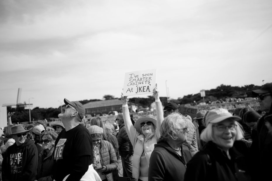A person in a crowd holds up a sign that reads, "I've seen smarter cabinets at IKEA," during an outdoor gathering or protest.