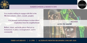 A promotional banner for a writing event at Manny’s Cafe features masks and text about using creative writing to engage with the Mission neighborhood.