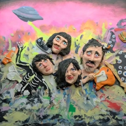 Four claymation-style human heads among colorful chaos, including a skeleton, guitars, tentacles, and a UFO with a pink and yellow sky in the background.