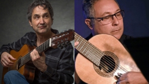 Two men are shown playing classical acoustic guitars, each in a separate image placed side by side.