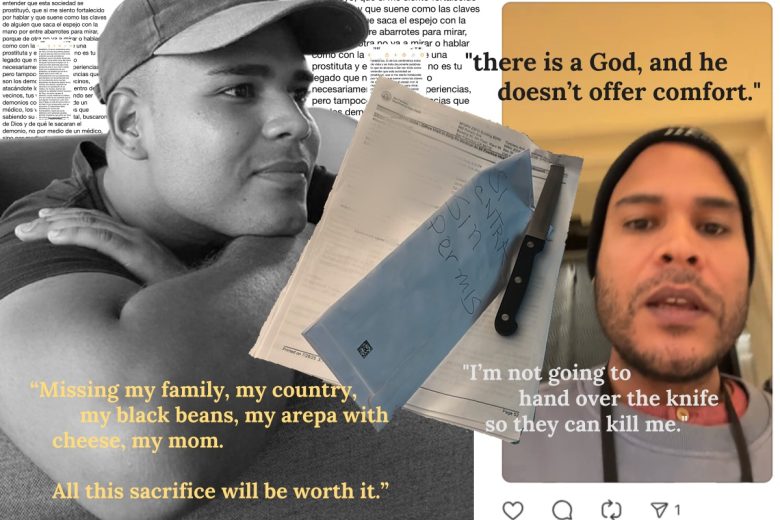A collage features a black-and-white photo of a man, Spanish and English text, a knife on paperwork, and screenshots of a man speaking with overlaid quotes about sacrifice and faith.