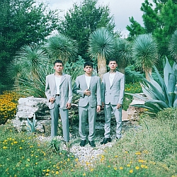 Three young men in light gray suits stand side by side in a lush garden with various green plants and yellow flowers.